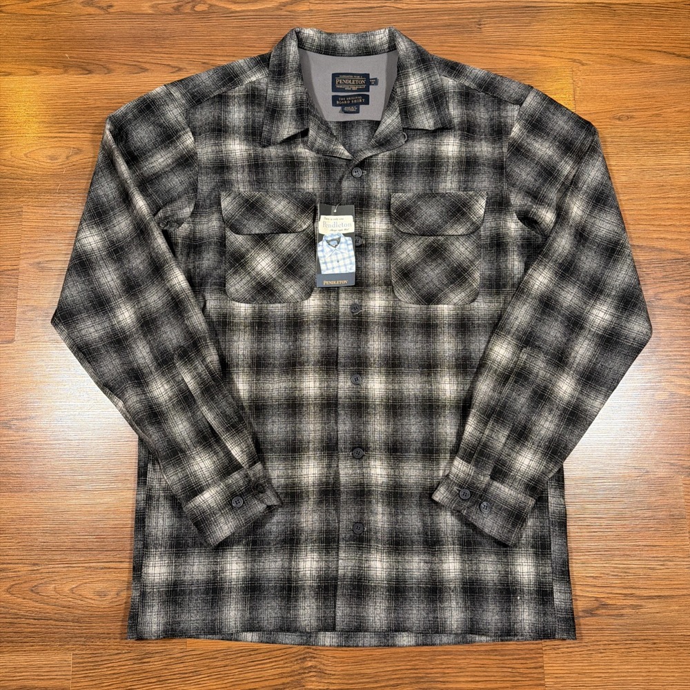 NWT Pendleton Plaid Board Shirt Mens M Tall Virgin Wool Grey Camp Loop Collar